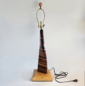 Vintage MCM Wood Parquetry Mid Century Turned Wood Table Lamp Danish Style